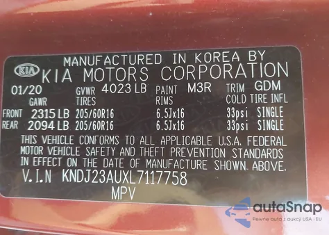 2020 Kia Soul Lx z USA, uszkodzony, nr VIN KNDJ23AUXL7117758